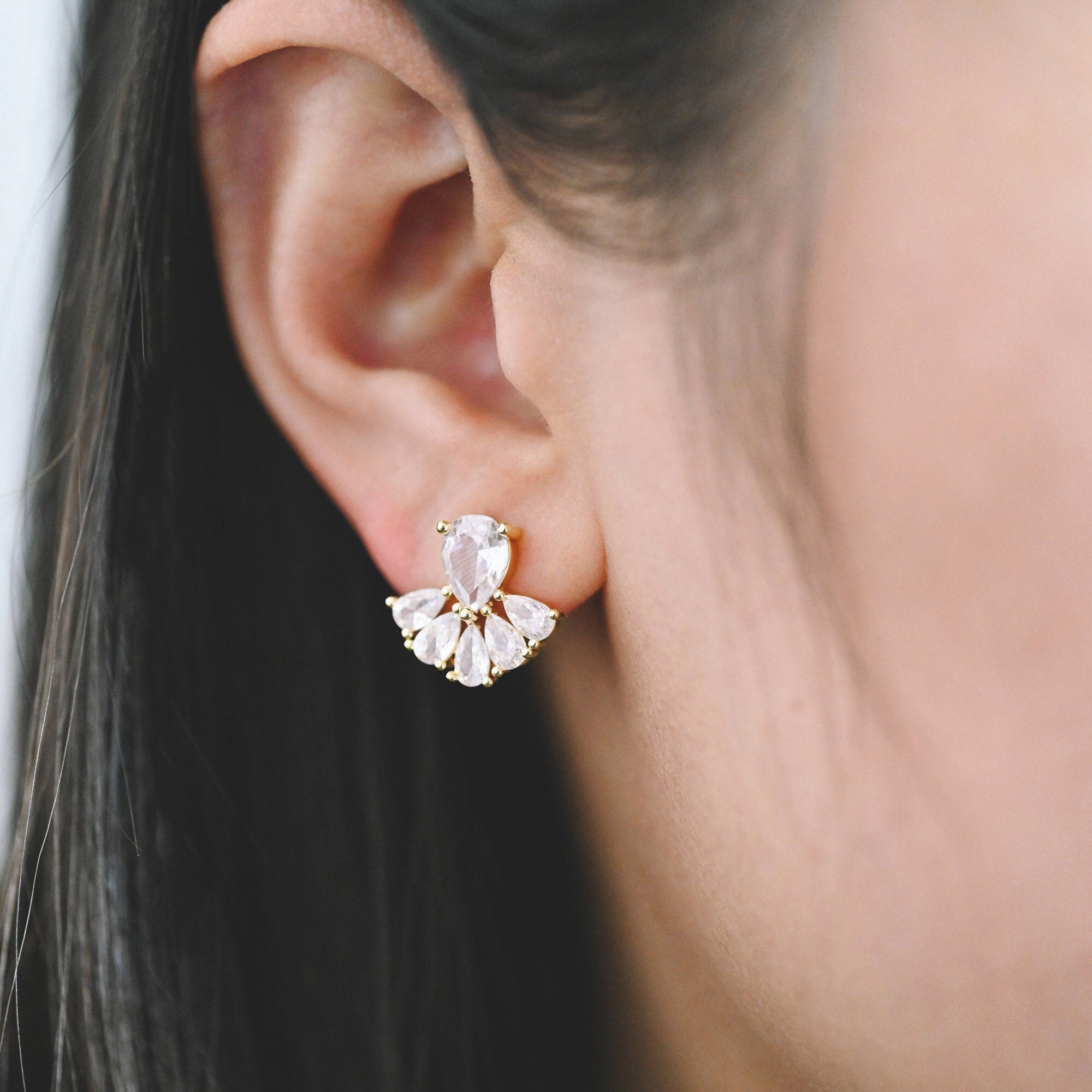 4pcs CZ Pave Gold Fan Shape Earring Posts, Gold Plated Brass Fan Stud Earrings (GB-3961)